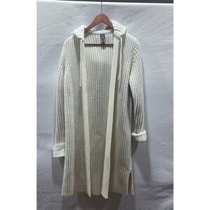 GAP Wool‎ Blend Y2K Chunky Knit Ivory Long Cardigan M Open Front Hooded Duster